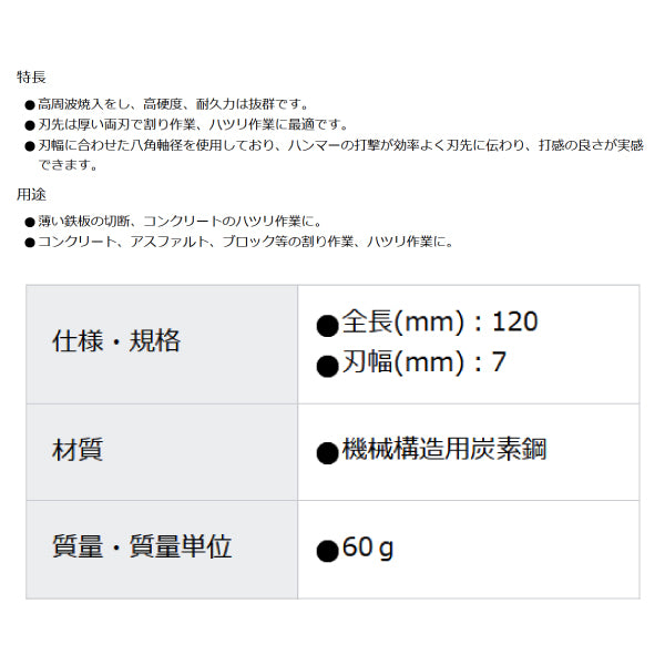 モクバ印 平タガネ 7mm巾×120mm A1-7