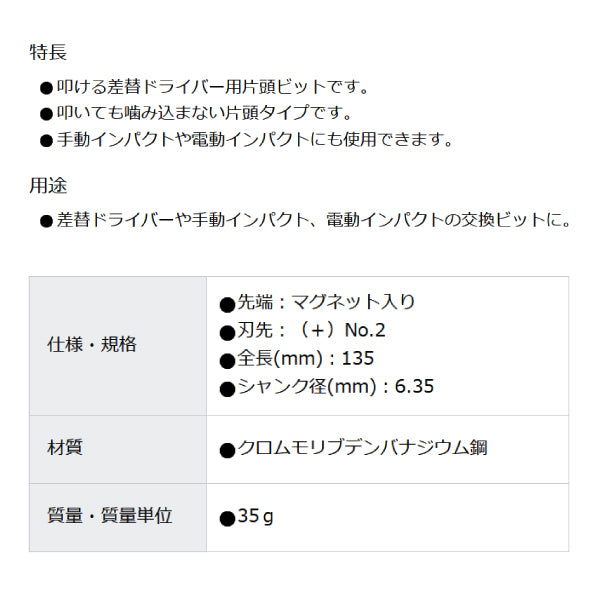 アネックス 叩ケル差替ドライバー用 片頭ビット +2×135mm AK-22C-2-135