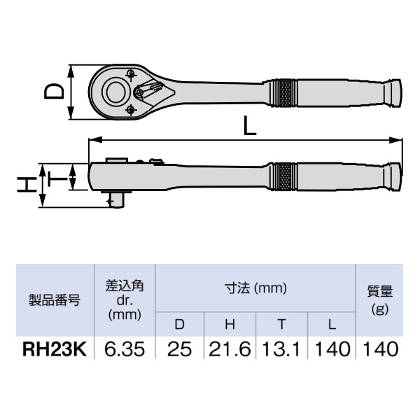 TONE ラチェットハンドル(ホールドタイプ) 歯数48枚 差込角6.35mm 全長140mm (RH23K)(4953488208887) トネ
