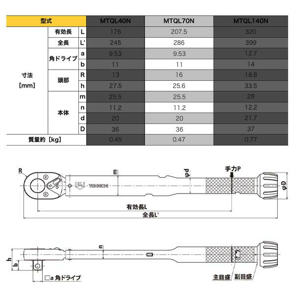 トーニチ MTQL70N シグナル式 トルクレンチ 3/8 (9.53mm)差込角 東日製作所 プリセット形トルクレンチ