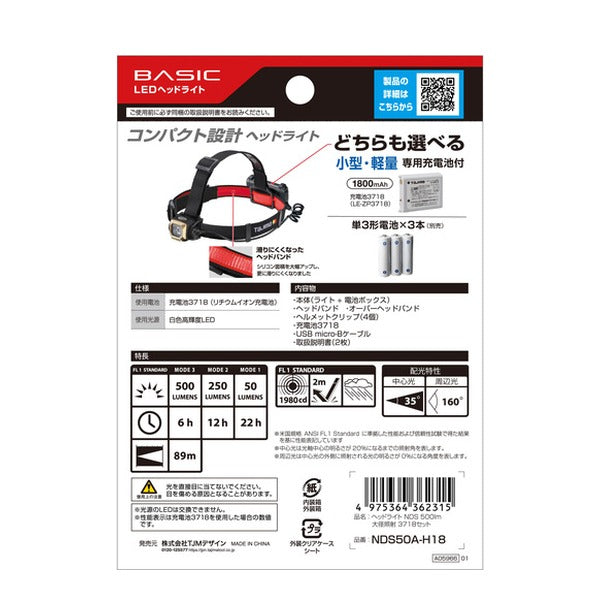 タジマ ヘッドライト NDS 500lm 大径照射 3718セット (NDS50A-H18)(4975364362315) TAJIMA TJMデザイン