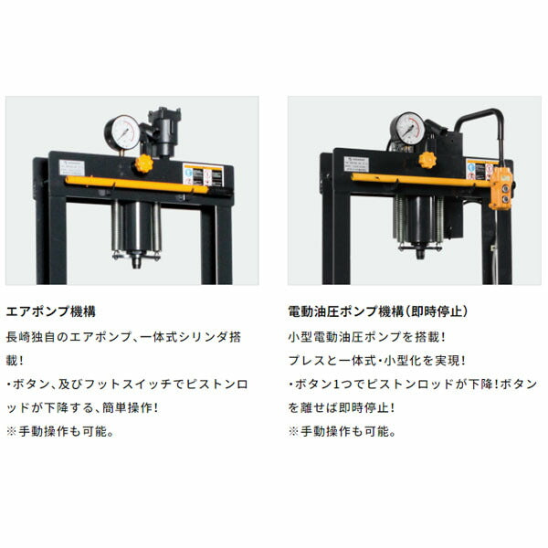 [メーカー直送業者便] 長崎ジャッキ 卓上油圧プレス 10トン 手動・エアー兼用 ゴム車輪ストッパー付 (NSP-100AD-C1)(4940995835927) NAGASAKI JACK
