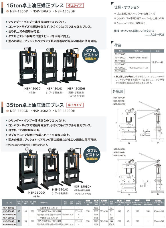 [メーカー直送業者便] 長崎ジャッキ 卓上油圧プレス 15トン 手動タイプ ゴム車輪2輪ストッパー付 (NSP-150GD-C1)(4940995835965) NAGASAKI JACK