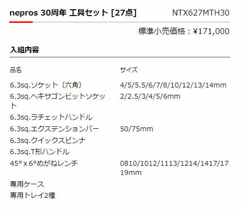 【ご当選者様限定】nepros 30周年 工具セット [27点] (NTX627MTH30)(※当選番号必須)
