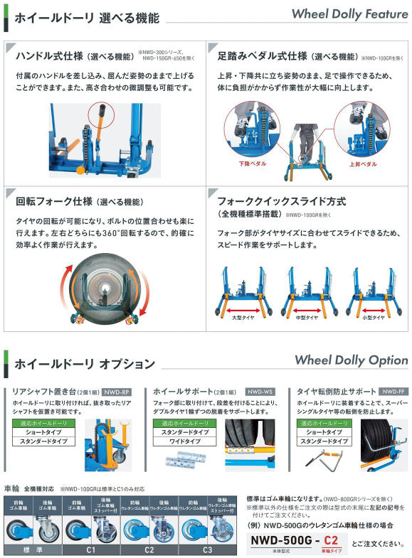 [メーカー直送業者便] 長崎ジャッキ ホイルドーリー ショートタイプ（回転フォーク仕様）C1仕様 ゴム車輪・ストッパー付 NWD-S500GR-C1 (4940995455996)