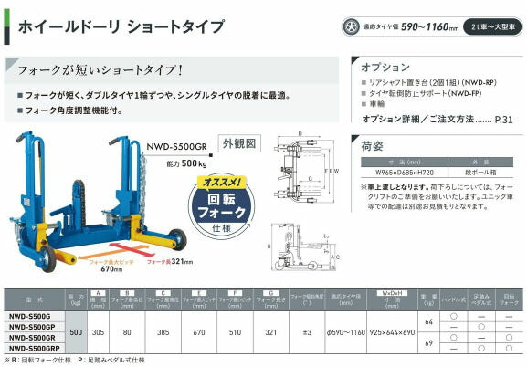 [メーカー直送業者便] 長崎ジャッキ ホイルドーリー ショートタイプ C3仕様 ウレタン車輪・ストッパー付 NWD-S500GRP-C3 (4940995456092)