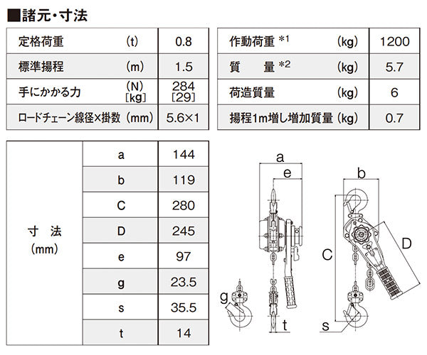 キトー キトーレバーブロックL5形 定格荷重0.8t 標準揚程1.5m LB008