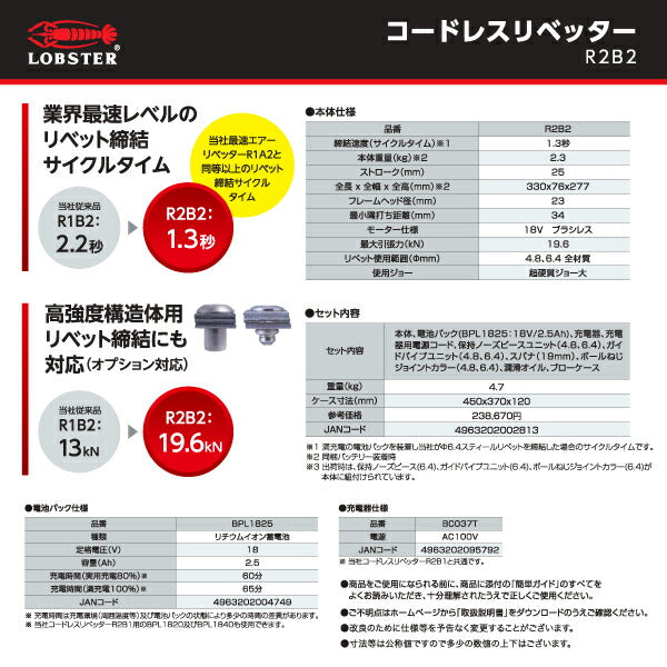 ロブテックス Φ6.4mmステンレスリベット対応 ハイパワー充電式リベッター 18V R2B2 最速エアーリベッター並み コードレスリベッター ロブスター エビ印工具