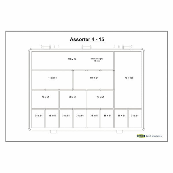 ラーコ パーツケース アソーター 4-15 (136174)(5733439136174) 15区画 固定仕切り スライドラッチ 半透明フタ RAACO