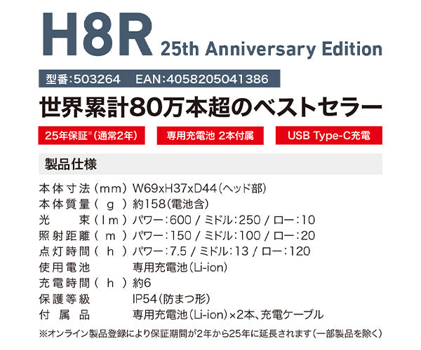 [26SS新商品] 日本正規品 レッドレンザー LEDヘッドライト H8R 25周年限定モデル 600lm USB-C充電 製品登録で25年保証 予備バッテリー付 限定色ブルーグレイ×ブラック 数量限定品 (503264) (4058205041386) Ledlenser