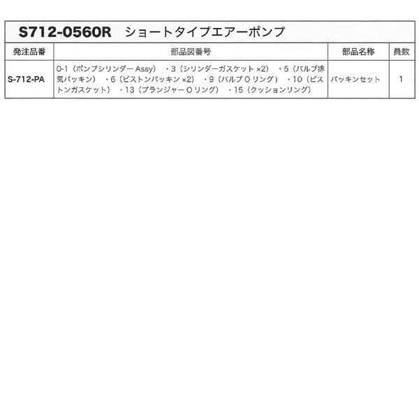 [メーカー直送品] マサダ パーツ ショートタイプエアーポンプ用 パッキンセット S-712-0560R