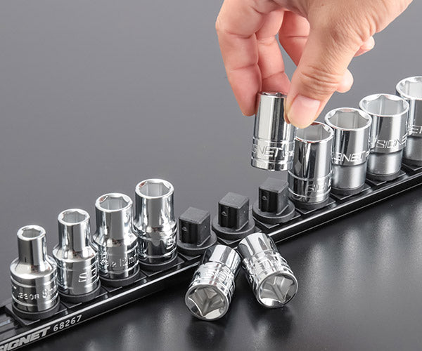 [26AW新商品] シグネット 1/2DR 13本組ソケットセット スピンロックレール 8～30mm 6角 面接触 ミラー仕上げ マグネットレール付 (13337)(4712818933086) SIGNET