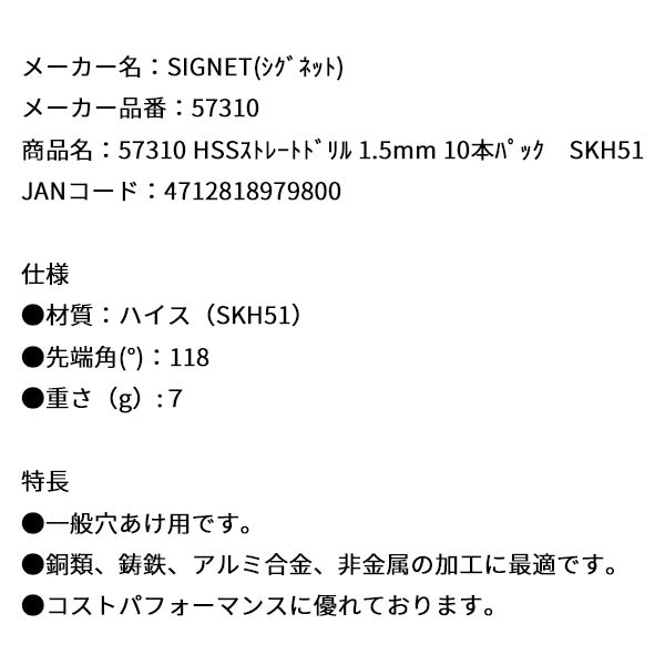 シグネット HSSストレートドリル 1.5mm 10本パック　SKH51 (57310)(4712818979800) SIGNET