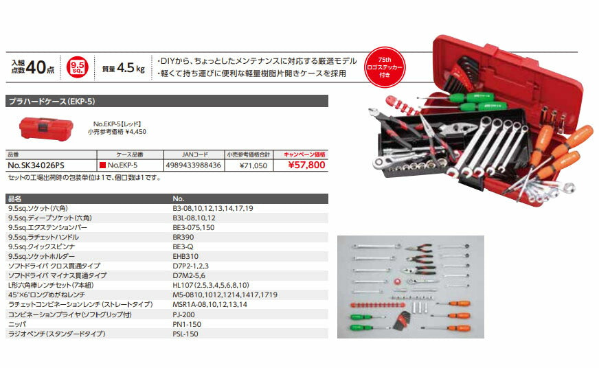【特典付】 KTC SK34026PS 9.5sq. 工具セット 40点 京都機械工具 EKP-5採用 DIY用 レッド 2026SK