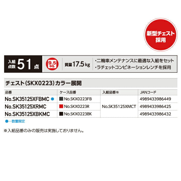 2025SK限定カラー KTC SK35125XFBMC 9.5sq. 工具セット 51点 京都機械工具 SKX0223FB採用 二輪整備 バイクメンテナンスモデル フラットブラック