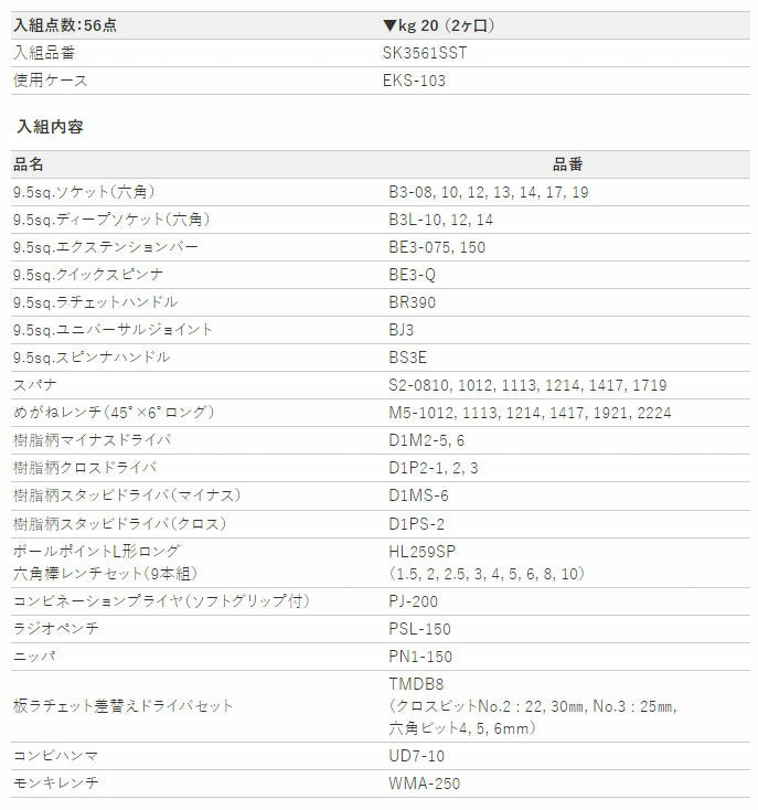 KTC 工具セット(薄型収納メタルケース)[56点] (SK3561SS)(4989433985015) 京都機械工具