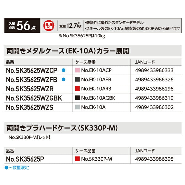 2025SK限定カラー KTC SK35625WZFB 9.5sq. 工具セット 56点 京都機械工具 EK-10AFB採用 携行性に優れたスタンダード フラットブラック