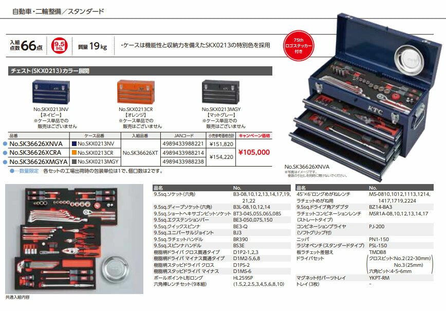 【特典付】 KTC SK36626XMGYA 9.5sq. 工具セット 66点 京都機械工具 SKX0213MGY採用 スタンダード マットグレー 2026SK
