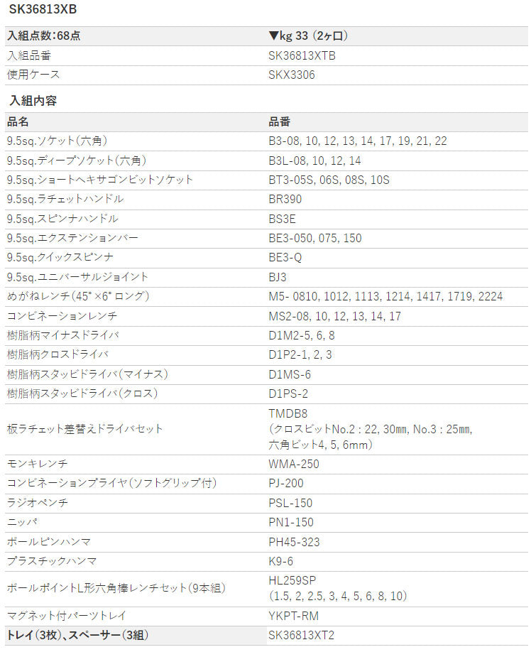 [メーカー直送業者便] KTC 工具セット(チェストタイプ)[68点] (SK36813XB)(4989433985114) 京都機械工具