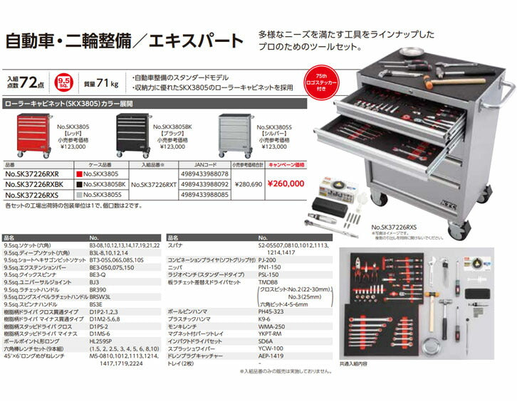 [メーカー直送業者便] 【特典付】 KTC SK37226RXBK 9.5sq. 工具セット 72点 京都機械工具 SKX3805BK ローラーキャビネット採用 エキスパート ブラック 2026SK