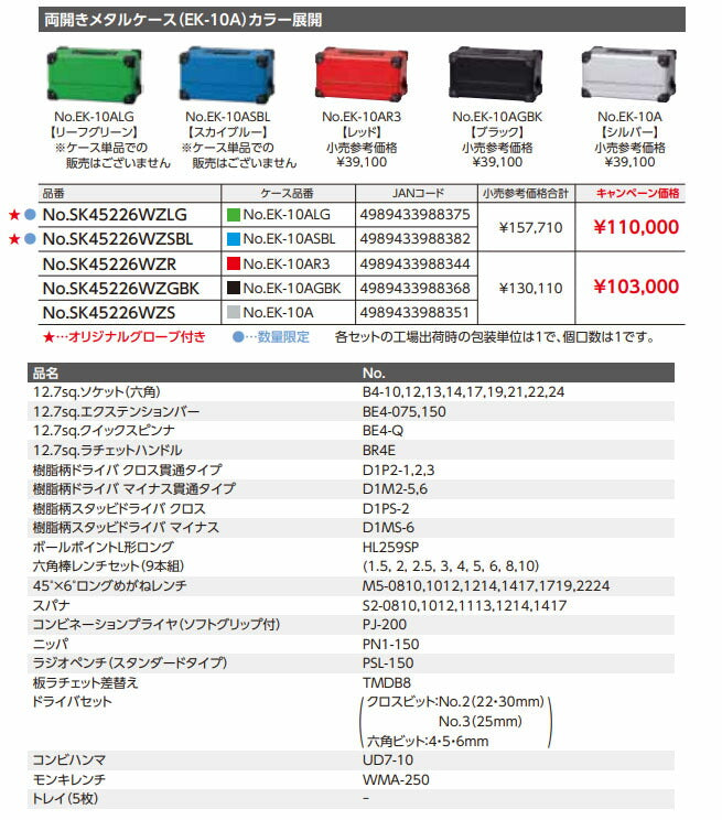 【特典付】 KTC SK45226WZS 12.7sq. 工具セット 52点 京都機械工具 EK-10A採用 大型車・重機・農機メンテナンス用 シルバー 2026SK