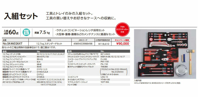 【特典付】 KTC SK46026XT 12.7sq. 工具セット(ケース無し) 60点 京都機械工具 スタンダード ツールセット 2026SK