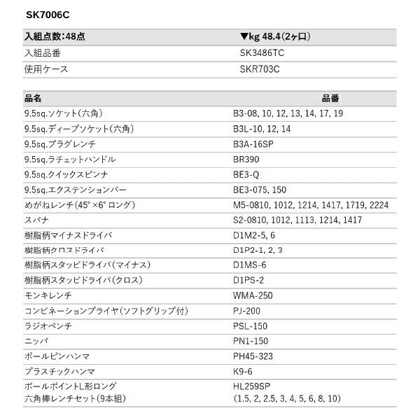 [メーカー直送業者便] KTC SK7006C 9.5sq.ツールステーションセット 48点セット 京都機械工具 SKR703C採用 BR390入組み工具セット