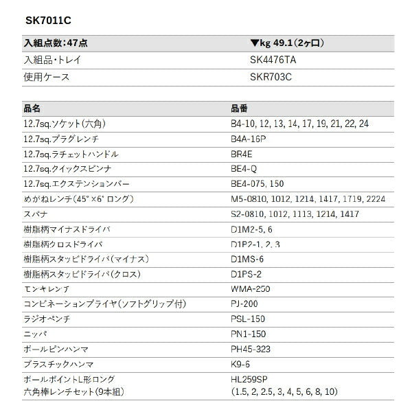 [メーカー直送業者便] KTC SK7011C 12.7sq.ツールステーションセット 47点セット 京都機械工具 SKR703C採用 工具セット