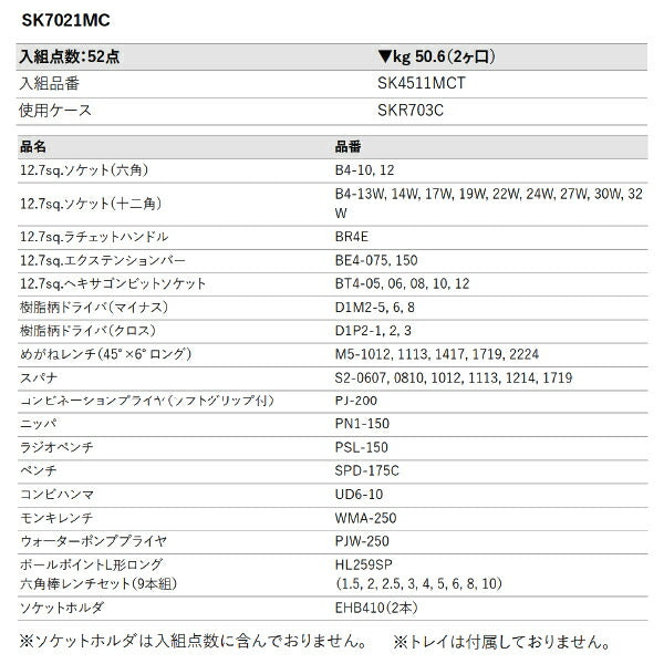 [メーカー直送業者便] KTC SK7021MC 12.7sq.ツールステーションセット 一般機械整備向け 52点セット 京都機械工具 SKR703C採用 工具セット