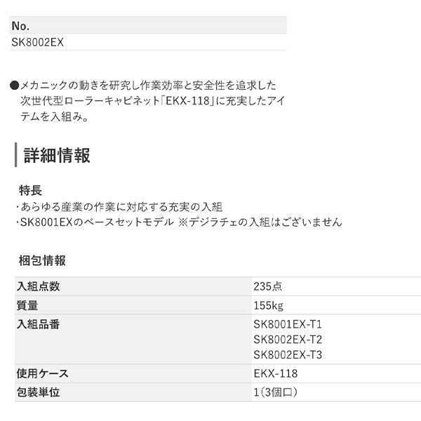 [メーカー直送業者便] KTC 工具セット ローラーキャビネットタイプ 235点 (SK8002EX)(4989433988658) 京都機械工具 ツールセット