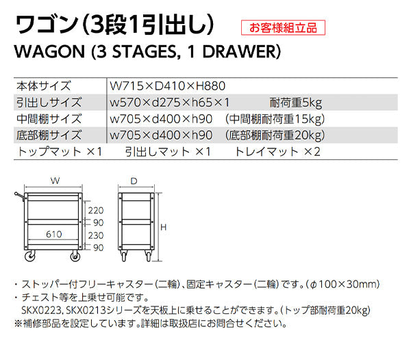 2026SK限定カラー KTC SKX2613FBST2 ツールワゴン フラットブラック 京都機械工具 3段1引出し 工具入れ
