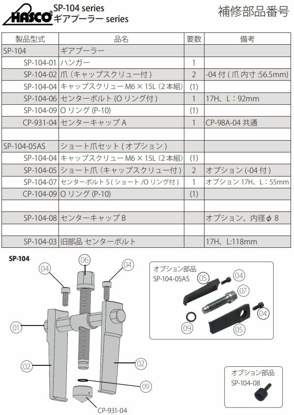 ハスコー ギアプーラー 極薄爪 ロングタイプ SP-104L 適合φ40~90 最大締付けトルク45N-m 爪先端厚み2mm HASCO