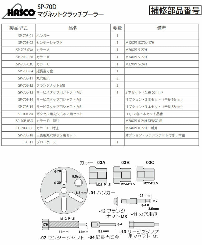 ハスコー SP-70D用 カラーB SP-70B-03B (4940995593568) マグネットクラッチプーラー 補修部品 HASCO