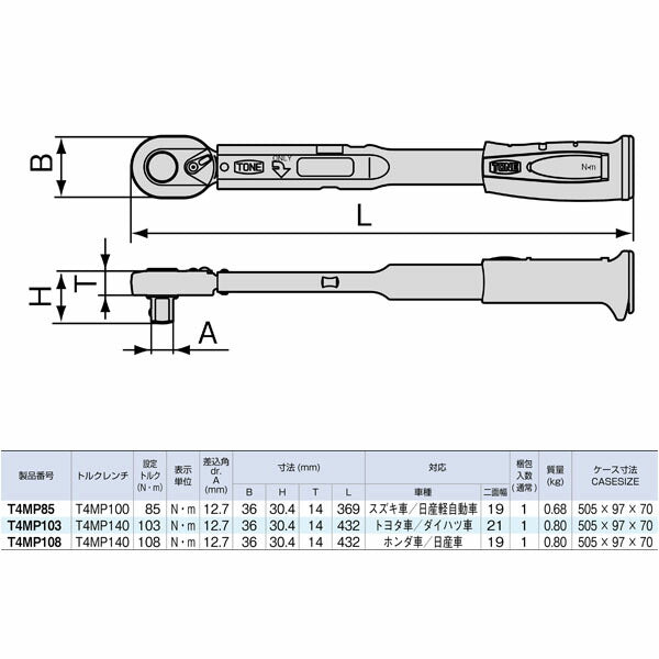 TONE トルクレンチ(単能形) ホイルナット用トルクレンチ 差込角12.7mm 全長369mm (T4MP85)(4953488386943) トネ