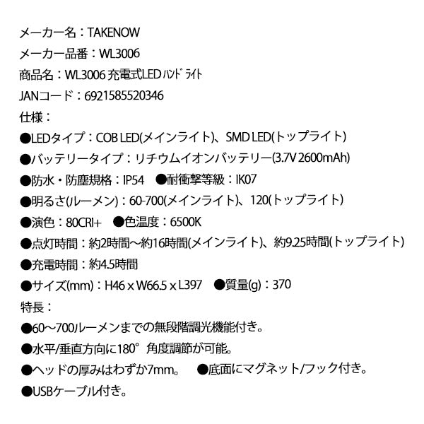 【9月の特価品】TAKENOW WL3006 充電式LED ハンドライト テイクナウ