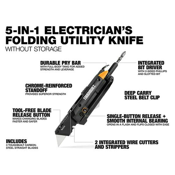 日本正規品 タフビルト 5in1 フォールディングナイフ ワイヤーカッター プライバー ビットドライバー 替刃3枚付 電工 (TB-H4-12-IM)(810023388845) TOUGH BUILT
