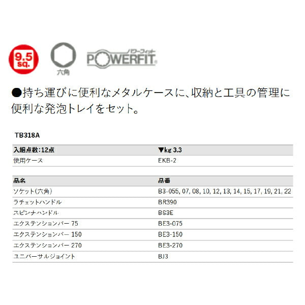 KTC TB318A 9.5sq.ソケットレンチセット 18点セット 六角ソケットタイプ 京都機械工具 BR390入組み工具セット