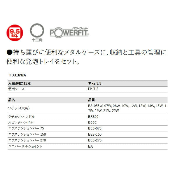 KTC TB318WA 9.5sq.ソケットレンチセット 18点セット 十二角ソケットタイプ 京都機械工具 BR390入組み工具セット