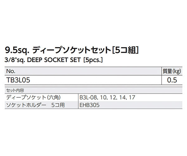 KTC TB3L05 9.5sq.六角ディープソケットセット 5コ組