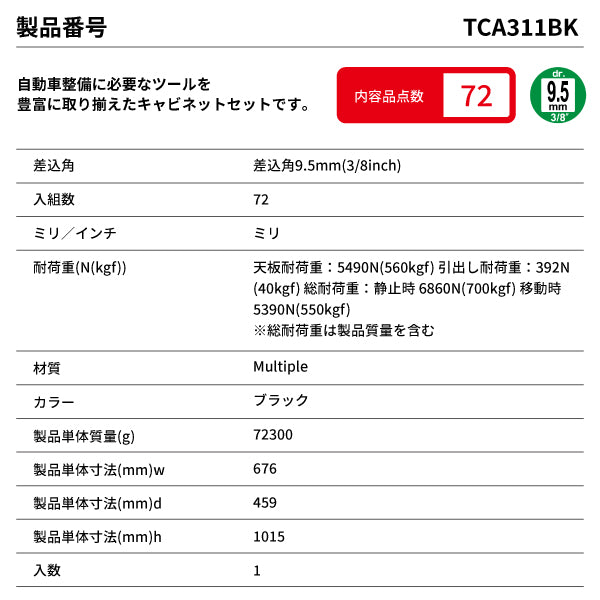 [メーカー直送品] TONE 整備用工具セット ツールキャビネットセット(ブラック) 72点セット (TCA311BK)(4953488258479) トネ