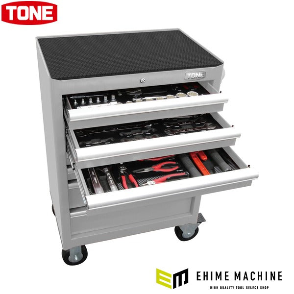 [メーカー直送品] TONE 整備用工具セット ツールキャビネットセット シルバー 72点 6.35sq. 12.7sq. ローラーキャビネットWS207採用 カーボン調トレー付 (TCS911SV)(4953488428056) トネ