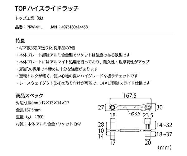 [26SS新商品] トップ工業 TOP ロング4サイズ板ラチェットレンチ ハイスライドラッチ PRW-4HL (4975180414458) TOP