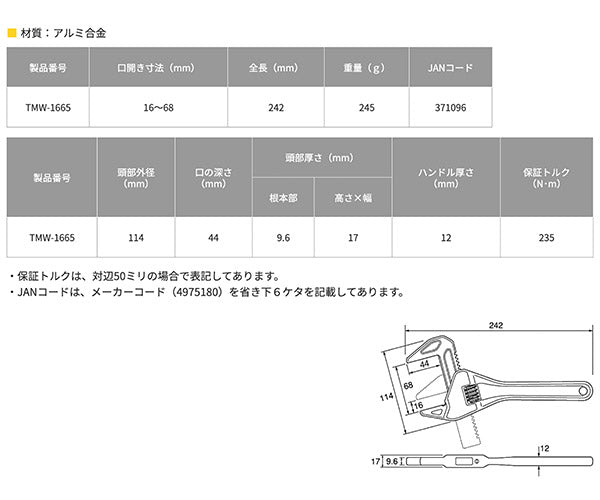 TOP トラップレンチ 口開16〜68mm TMW-1665 トップ工業