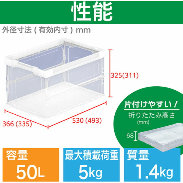 TRUSCO TRL-S50TM オリコン 薄型軽量折りたたみコンテナ50L 透明