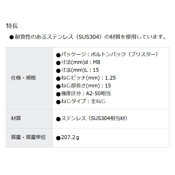 TRUSCO 六角ボルトステンレス全ネジ M8X15 19本入 B230815 トラスコ
