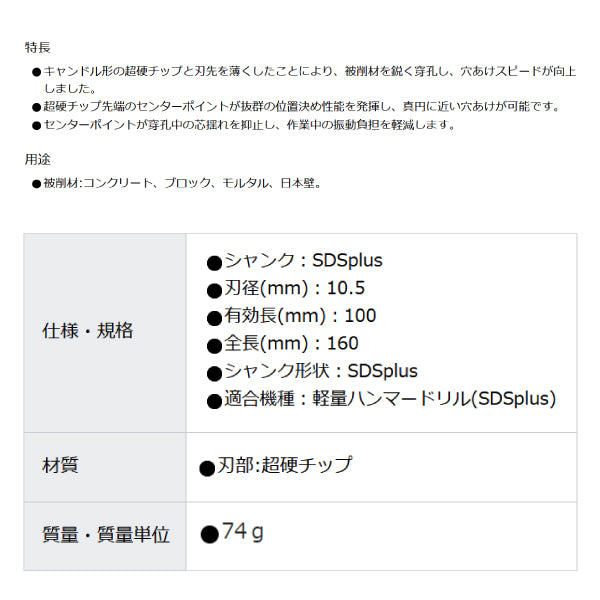 TRUSCO 軽量ハンマードリル用コンクリートドリルSDS 刃径10.5×160 TCDSDS105 トラスコ