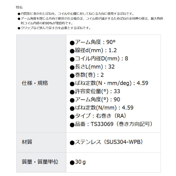 TRUSCO トーションバネ D8XL32角度90 2巻 10個入リ 右巻キ TS33069RA トラスコ