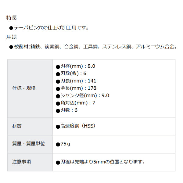 TRUSCO テーパーピンリーマ 刃径8.0mm シャンク径9.0mm TTPR8.0 トラスコ