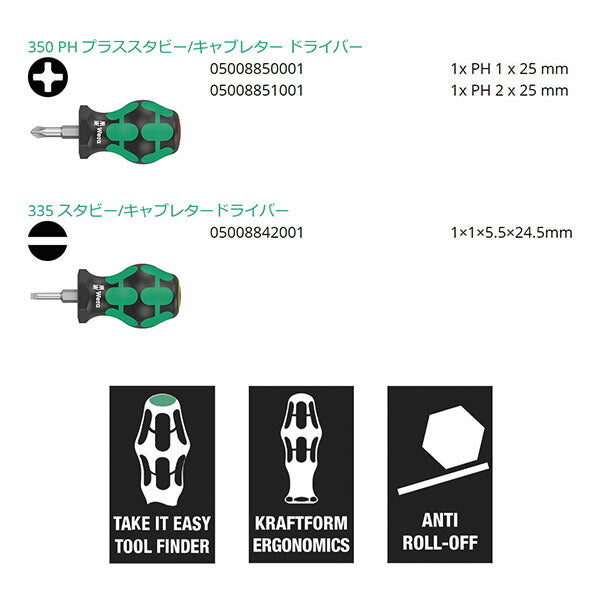 日本正規品 Wera Stubby Set 3 スタビードライバーセット3 プラス/マイナス/スクエア 5本組 (008872)(4013288214096) ヴェラ ベラ
