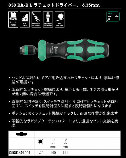 日本正規品 Wera 051494 1/4DR HEX ビットラチェットドライバー ラピダプター搭載 (4013288233608) ヴェラ ベラ